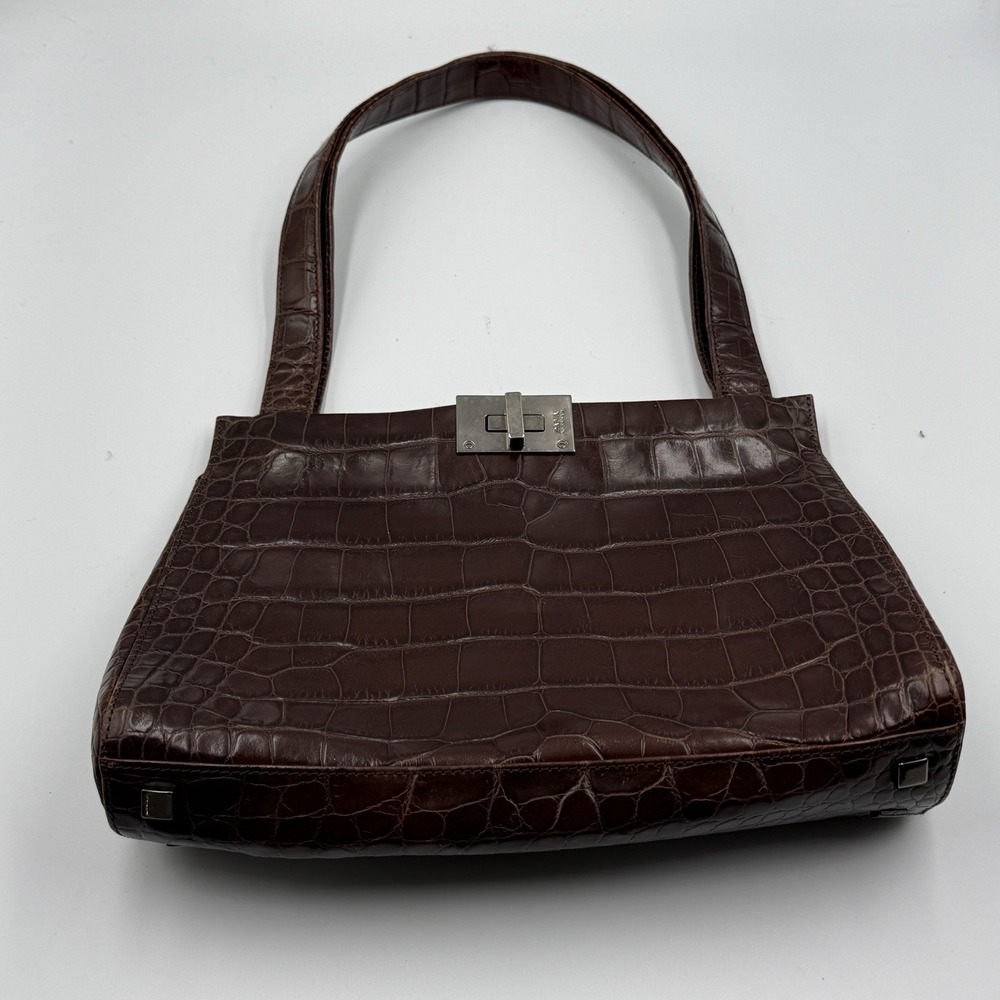 Dana Buchman‎ Brown Croc Embossed Genuine Leather Shoulder Bag Vintage Lock